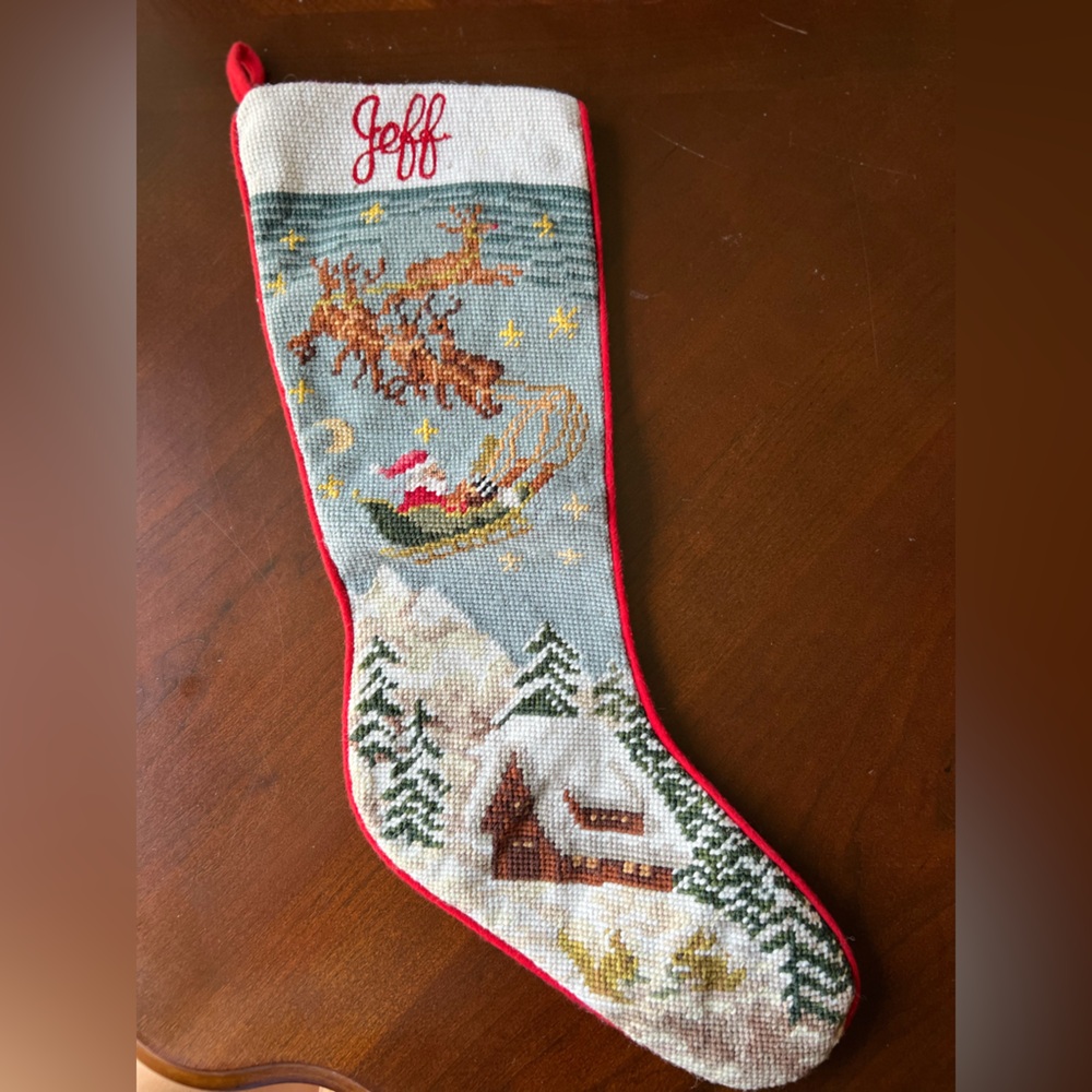 Vintage Needlepoint Christmas Stocking with Santa and Reindeer - Red and Green